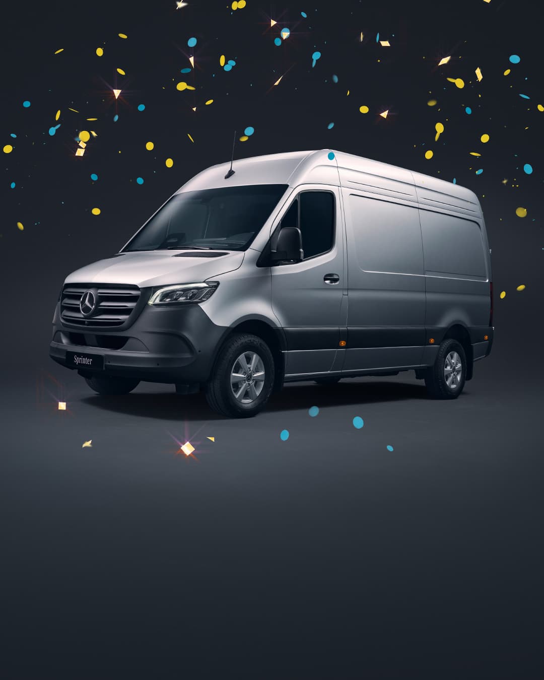 Ein silberner Mercedes-Benz Sprinter vor einem dunklen Hintergrund. Es regnet Konfetti.