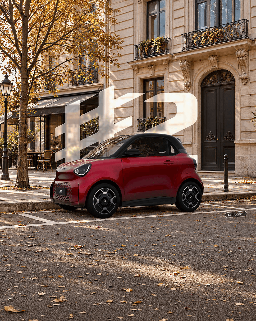 Roter smart #2 mit schwarzem Dach, geparkt an einer herbstlichen Straße vor historischen Gebäuden, mit großem #2-Schriftzug im Hintergrund.