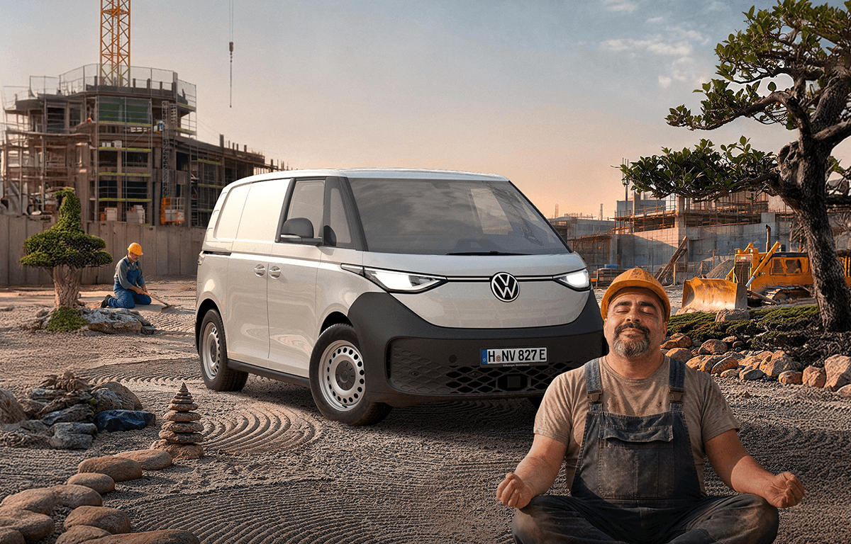 Ein weißer Volkswagen Transporter steht auf einer Baustelle, während im Vordergrund ein Bauarbeiter im Schneidersitz meditiert.