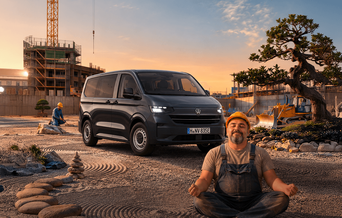 Ein grauer Volkswagen Transporter steht auf einer Baustelle, während im Vordergrund ein Bauarbeiter im Schneidersitz meditiert.