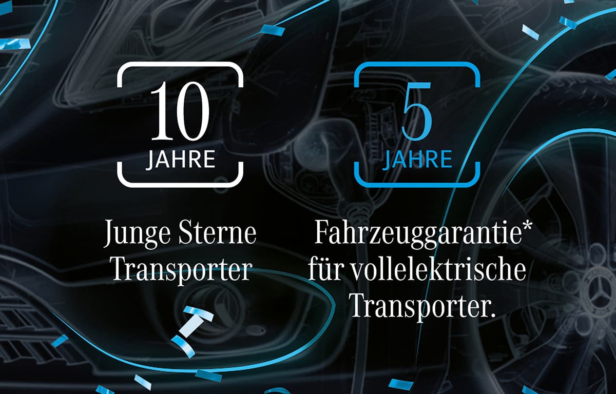 Zwei Icons, eines mit „10 Jahre“ und eines mit „5 Jahre“, sind vor blauem Konfetti dargestellt.