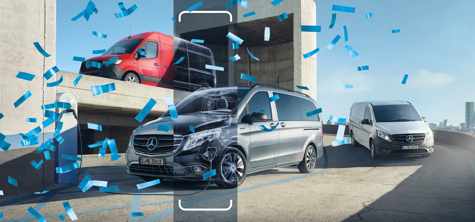 Drei Mercedes-Benz Transporter stehen nebeneinander auf grauem Asphalt unter einem blauen Himmel, mit blauem Konfetti