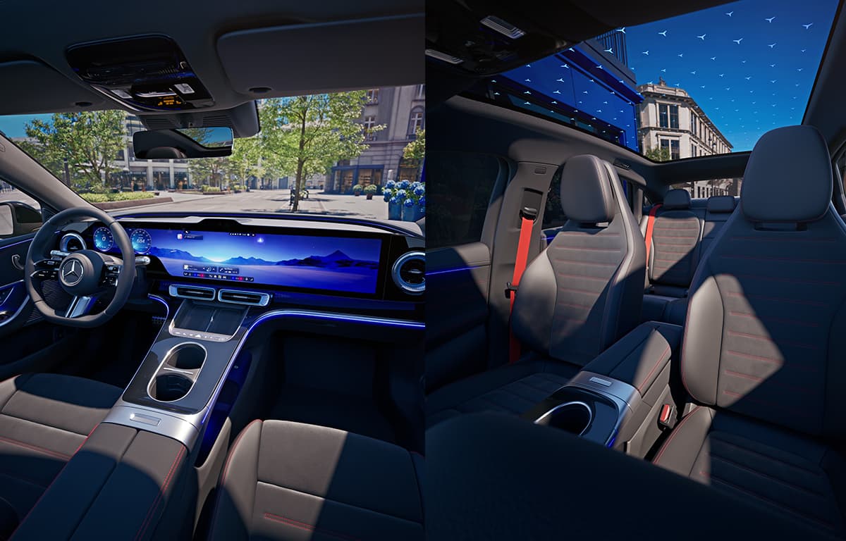 Ein in der Mitte senkrecht unterteiltes Bild. Links der vordere Innenraum mit Lenkrad und Hyperscreen, rechts ein Blick auf die Sitze und das Panoramadach.