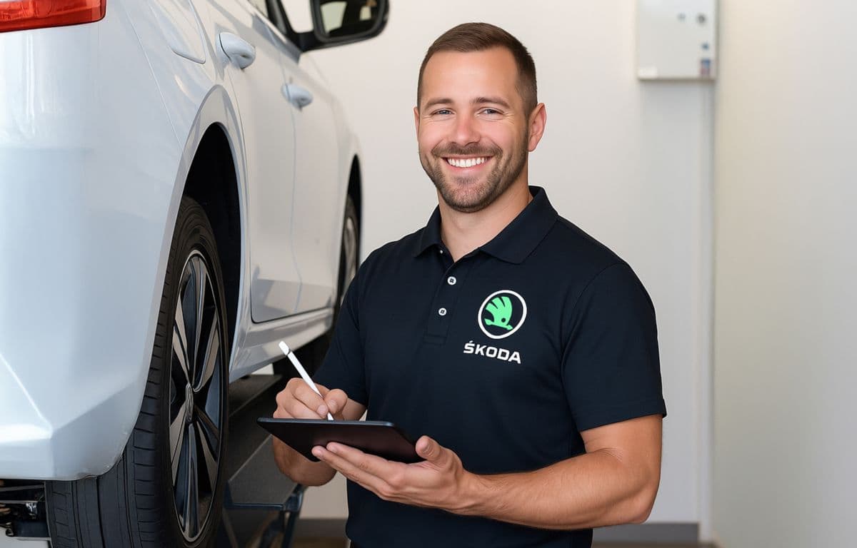 Ein Mitarbeiter steht neben einem angehobenen Škoda und notiert lächelnd Informationen auf einem Tablet.