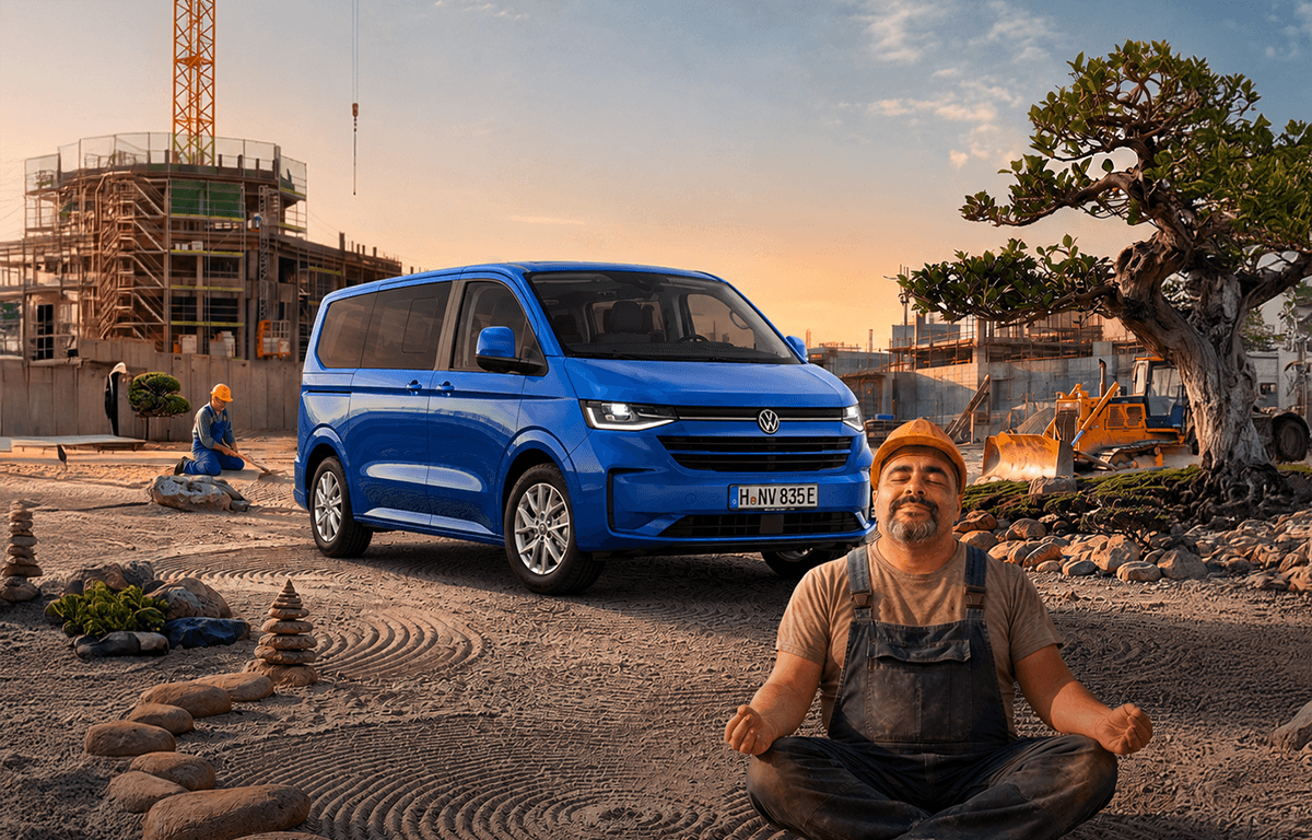 Eine blaue VW e-Caravelle steht auf einer Baustelle, während im Vordergrund ein Bauarbeiter im Schneidersitz meditiert.