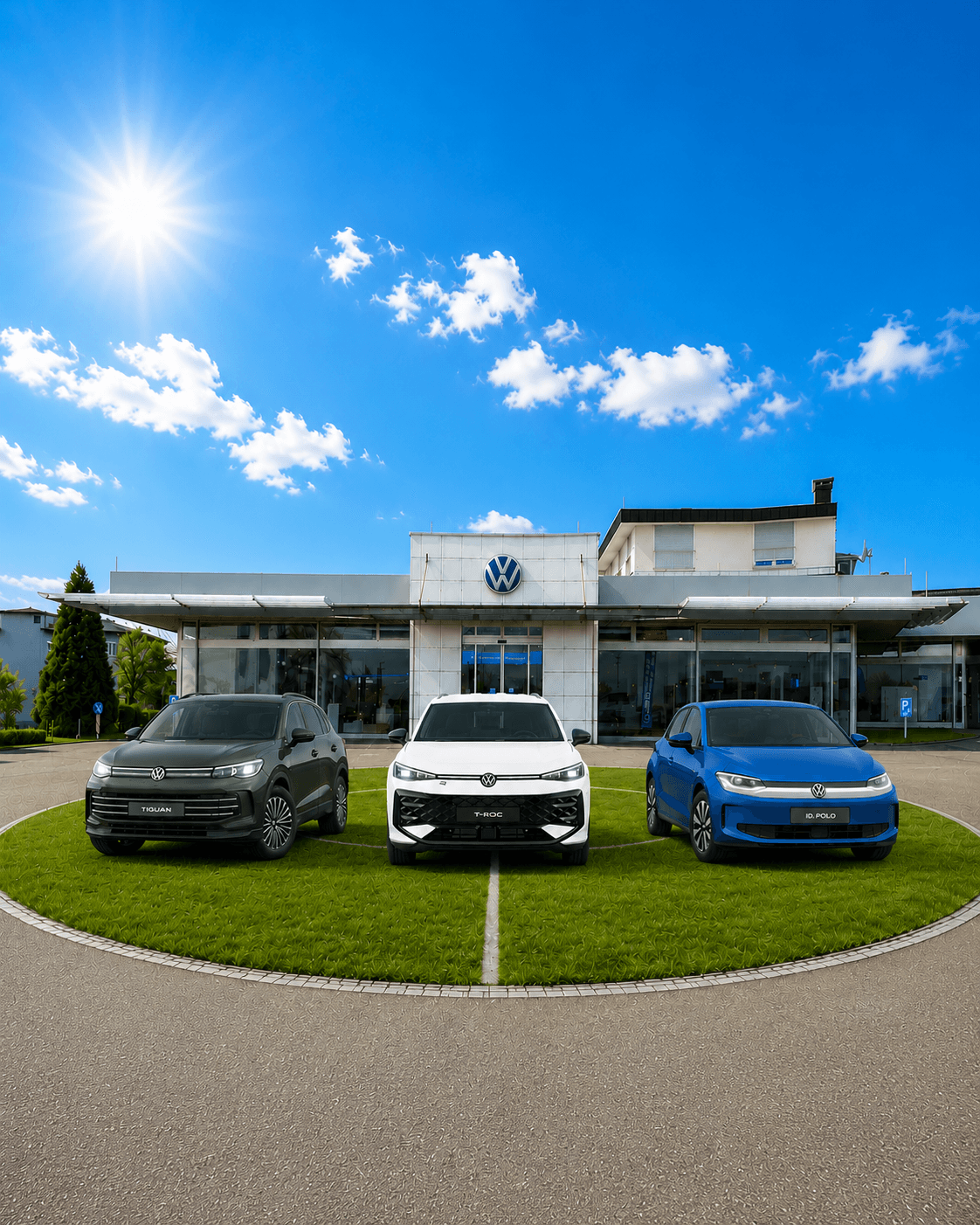 Drei Volkswagen-Modelle stehen vor einem modernen Autohaus auf einer kreisförmigen Grünfläche.