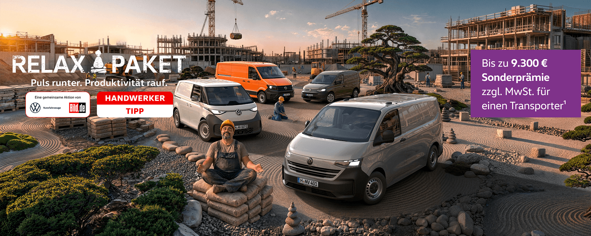 Mehrere Volkswagen Nutzfahrzeuge auf einer Baustelle mit dem Hinweis auf bis zu 9.300 € Sonderprämie.