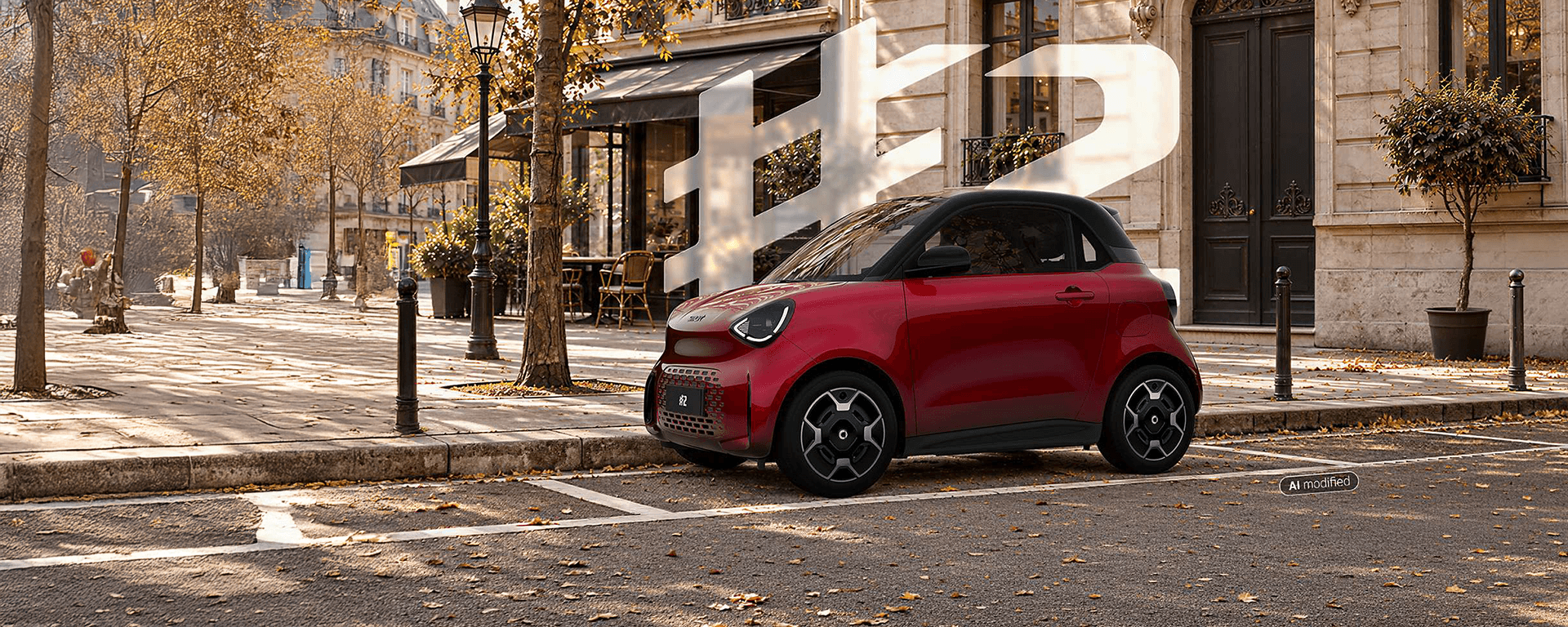 Roter smart #2 mit schwarzem Dach, geparkt an einer herbstlichen Straße vor historischen Gebäuden, mit großem #2-Schriftzug im Hintergrund.