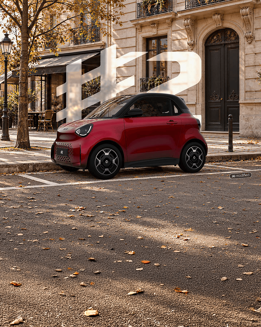 Roter smart #2 mit schwarzem Dach, geparkt an einer herbstlichen Straße vor historischen Gebäuden, mit großem #2-Schriftzug im Hintergrund.