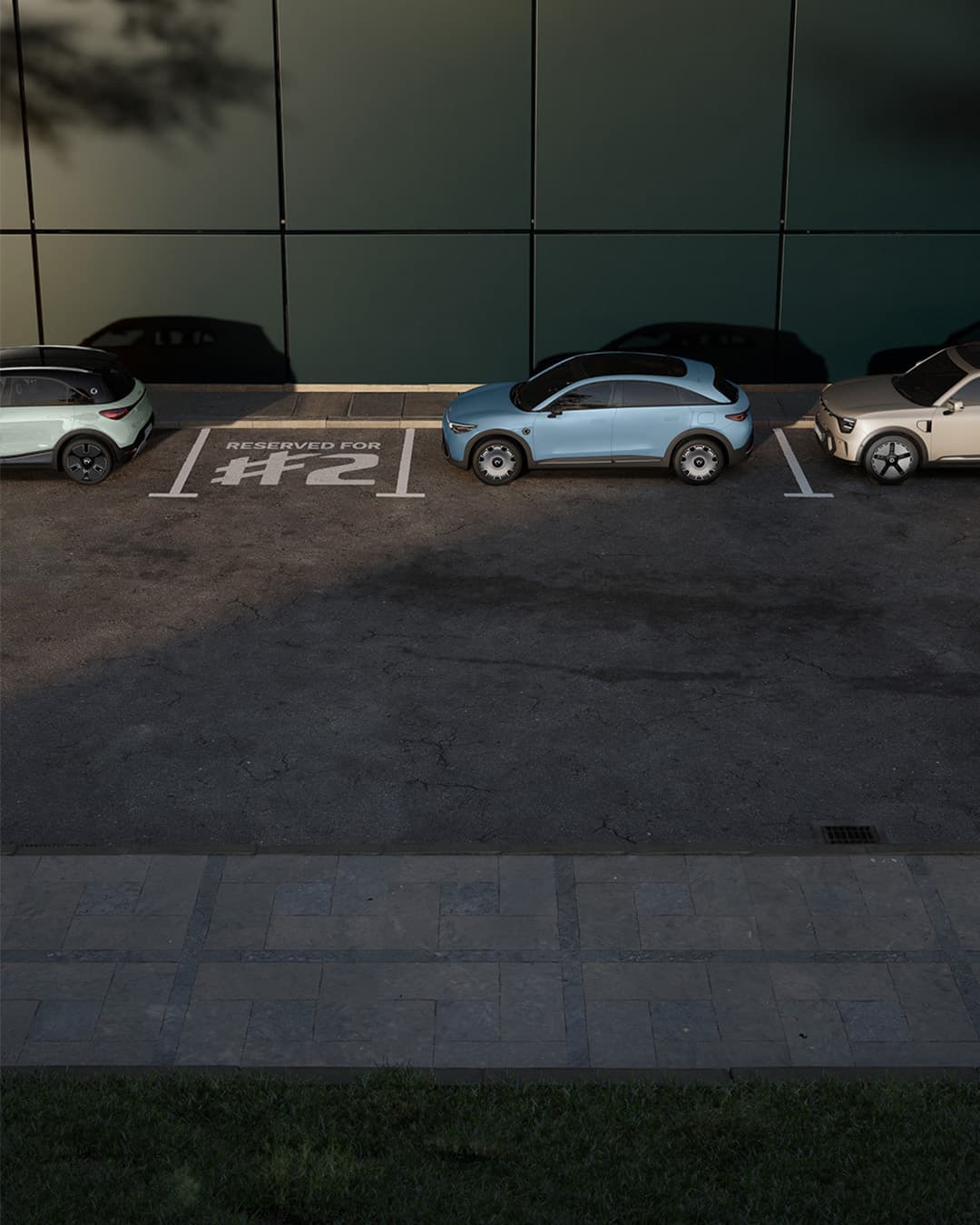 Drei Fahrzeuge parken vor einem modernen Gebäude, während ein freier Parkplatz mit der Aufschrift „Reserved for #2“ im Mittelpunkt steht.