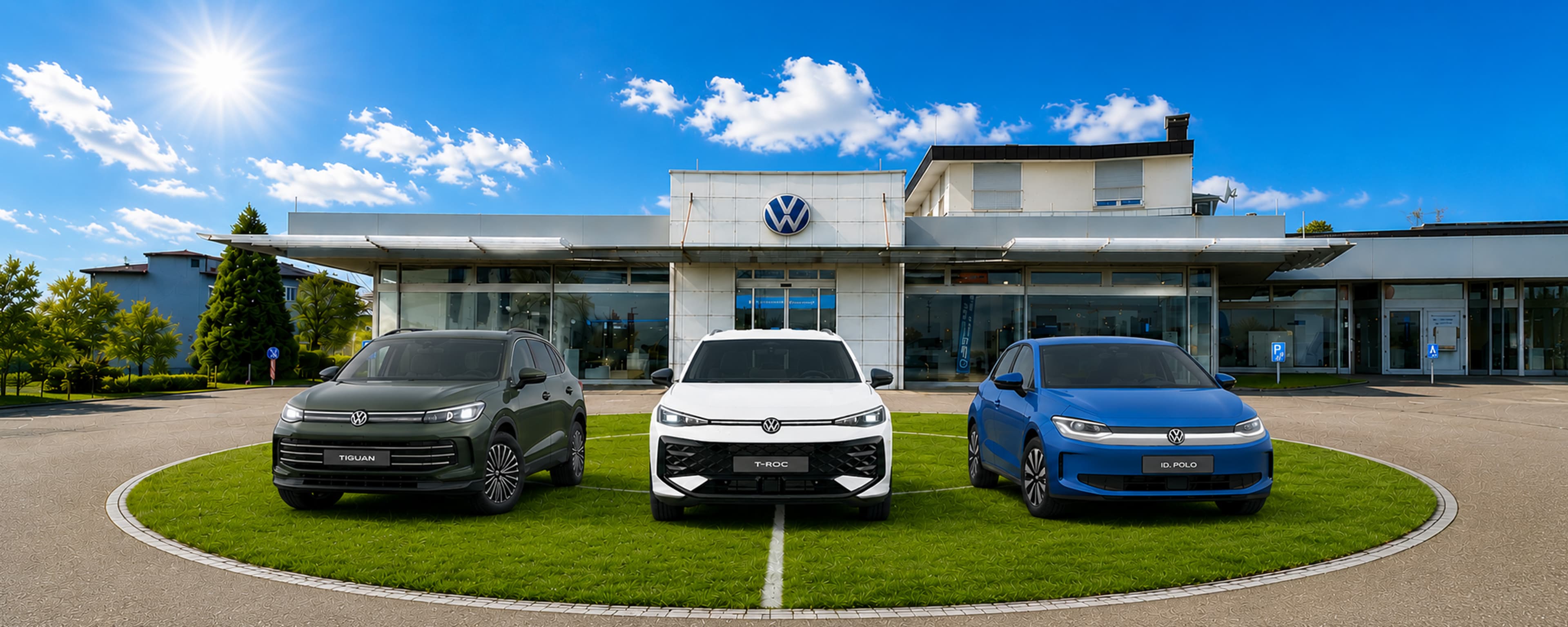 Drei Volkswagen-Modelle stehen vor einem modernen Autohaus auf einer kreisförmigen Grünfläche.